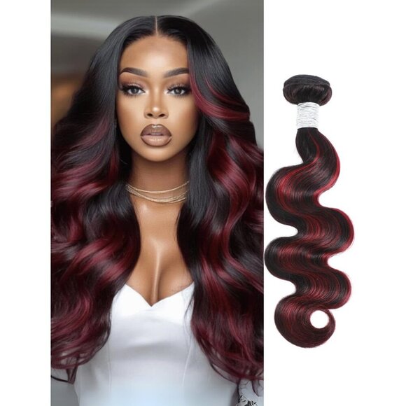 Human Hair Bundles Burgundy Highlight Body Wave 26 Inch for Sew-In Weave